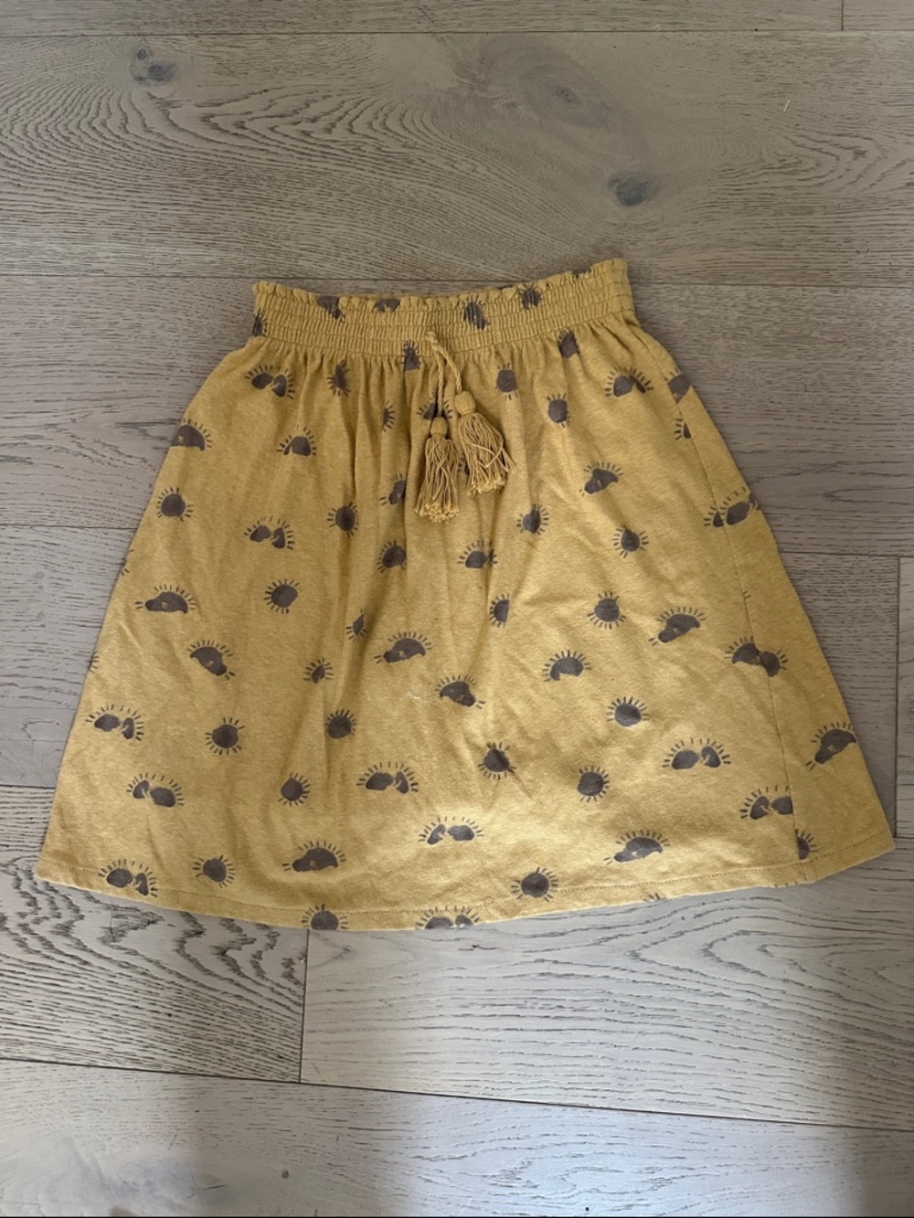 Mustard Yellow Printed A-Line Skirt with Tassel Drawstring